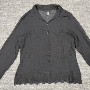 Vintage Eci New York Shirt Women Large Black Sheer Silk Whimsigoth Embroidered
